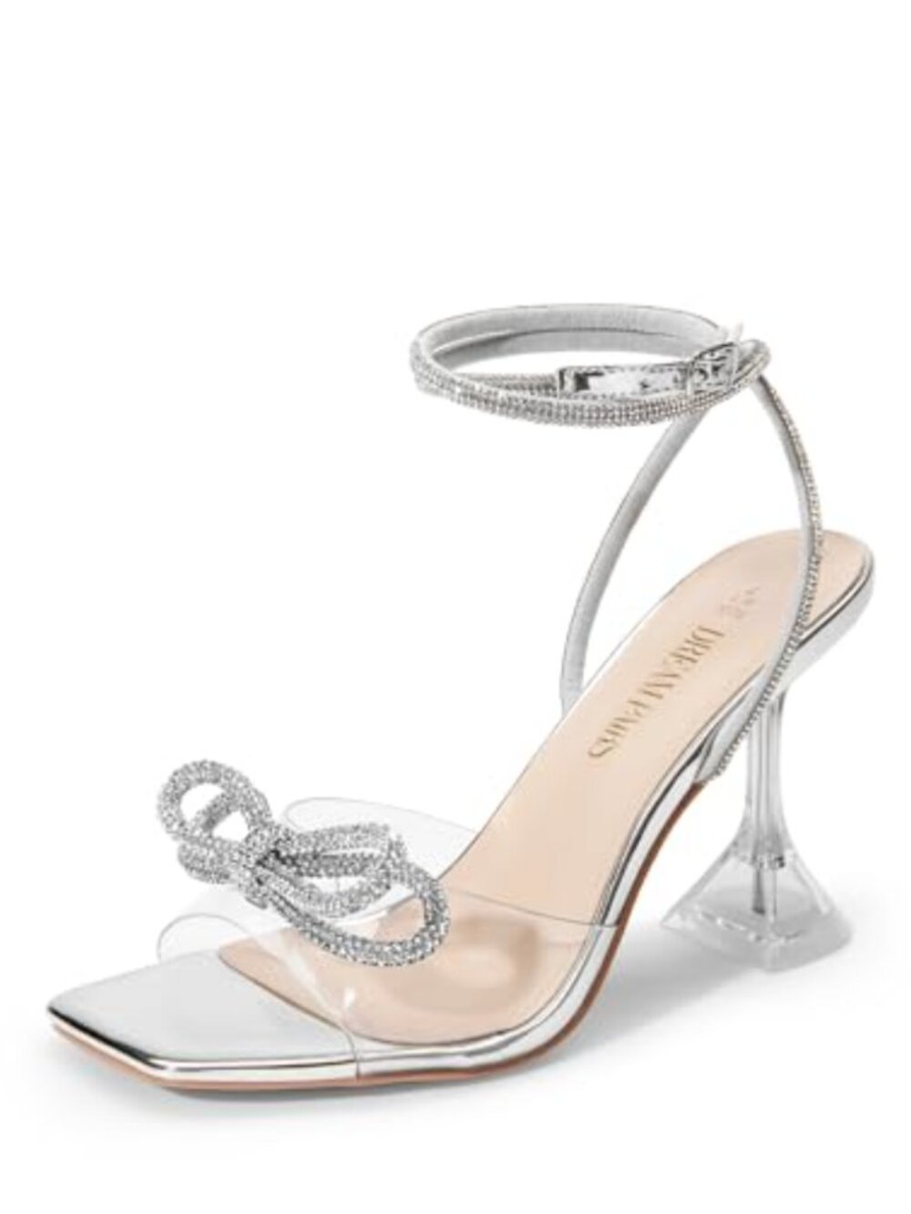 Rhinestone Bow High Heeled Sandals Strappy Square Toe Party Wedding Heels